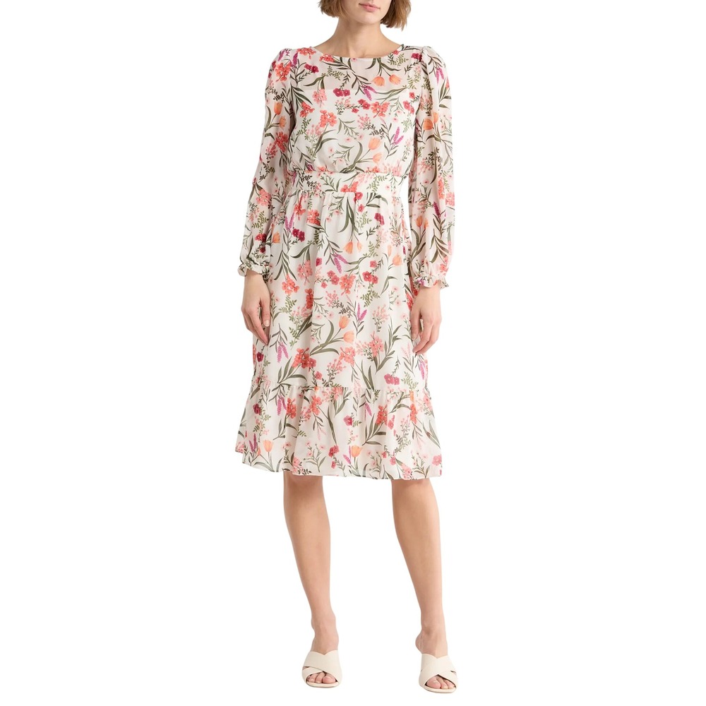 Eliza J Floral Chiffon Midi Dress Long Sleeve Smocked Back White Womens 8